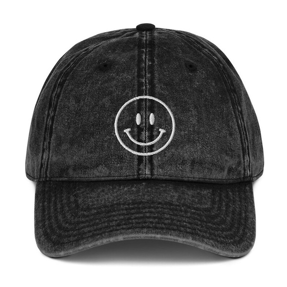 Accessories - Vintage Dyed Black Embroidered Smiley Face Hat